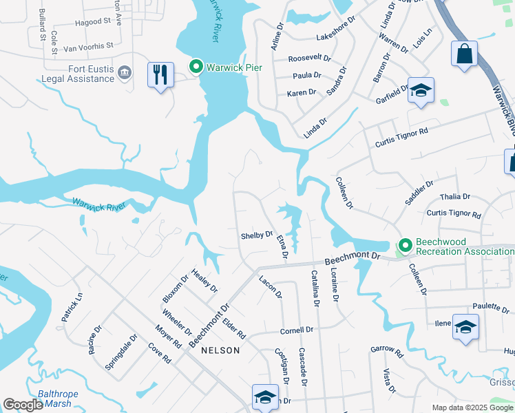 map of restaurants, bars, coffee shops, grocery stores, and more near 925 Etna Drive in Newport News