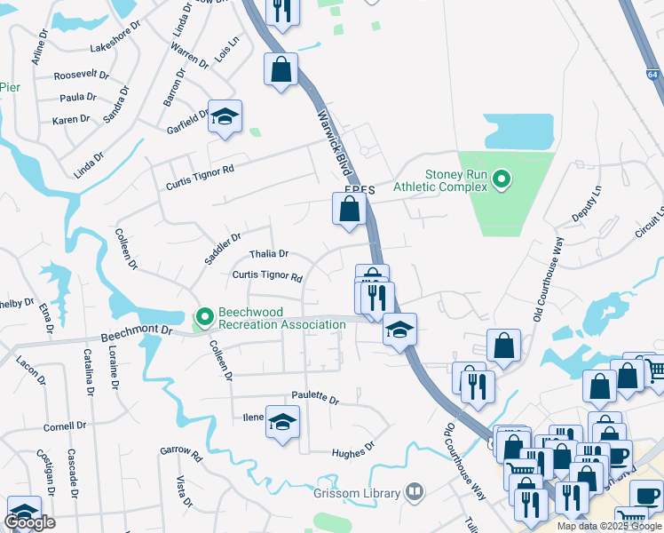 map of restaurants, bars, coffee shops, grocery stores, and more near 396 Georgetown Loop in Newport News