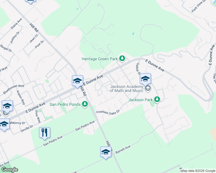 map of restaurants, bars, coffee shops, grocery stores, and more near 2344 Leptis Circle in Morgan Hill