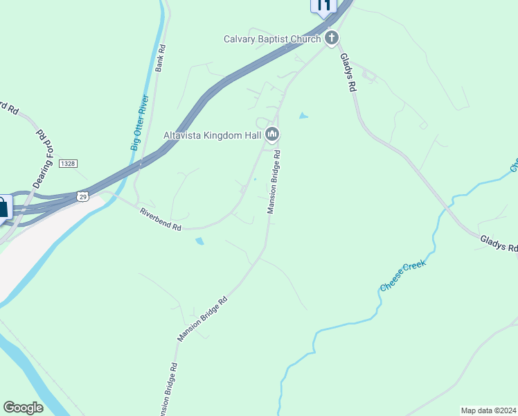 map of restaurants, bars, coffee shops, grocery stores, and more near 309 Mansion Bridge Road in Altavista