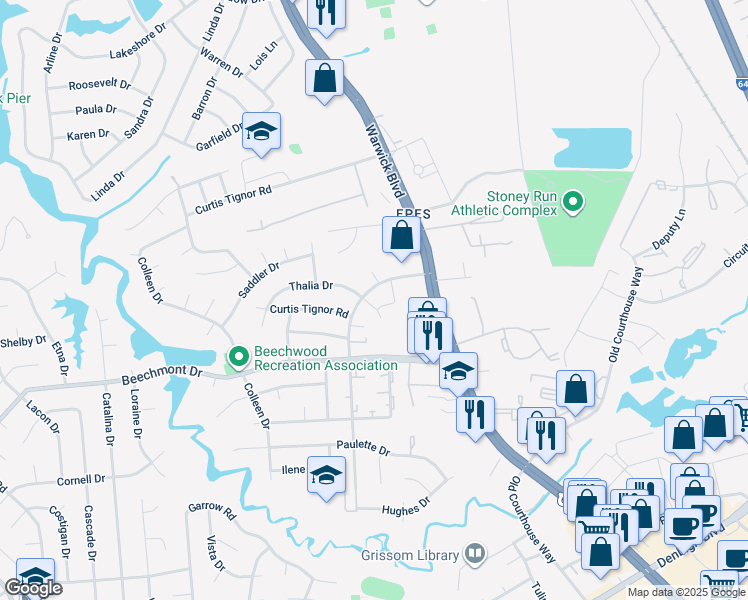map of restaurants, bars, coffee shops, grocery stores, and more near 924 Lucas Creek Road in Newport News