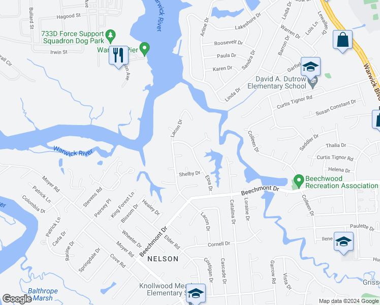map of restaurants, bars, coffee shops, grocery stores, and more near 925 Etna Drive in Newport News