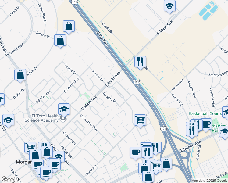 map of restaurants, bars, coffee shops, grocery stores, and more near 17535 Serene Drive in Morgan Hill