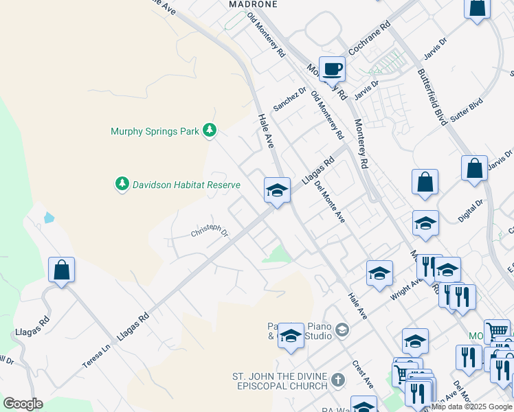 map of restaurants, bars, coffee shops, grocery stores, and more near 18310 Shadowbrook Way in Morgan Hill