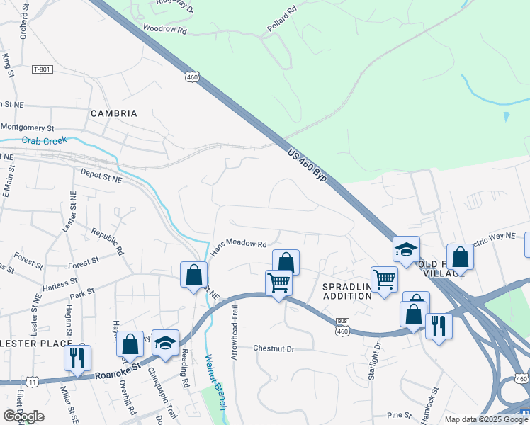 map of restaurants, bars, coffee shops, grocery stores, and more near 220 Robin Hood Drive in Christiansburg