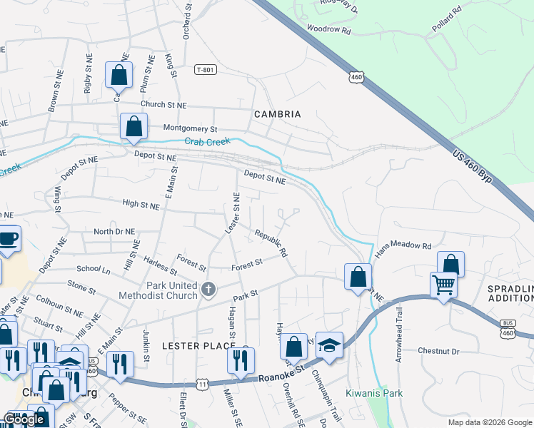map of restaurants, bars, coffee shops, grocery stores, and more near 155 Salem Lane in Christiansburg