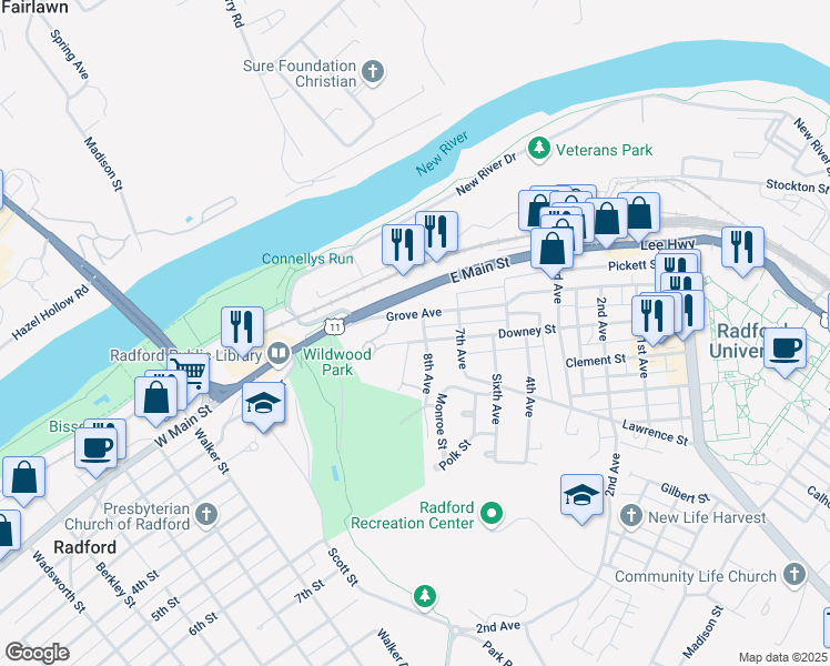 map of restaurants, bars, coffee shops, grocery stores, and more near 1800 Downey Street in Radford