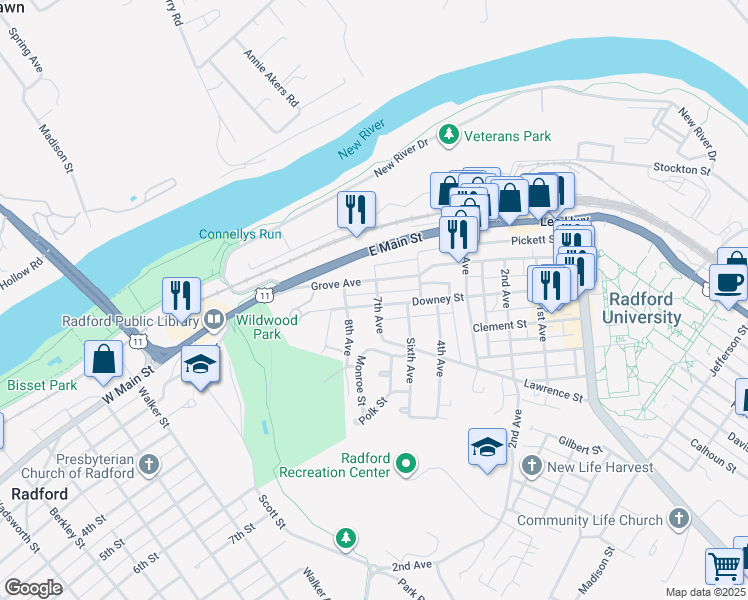 map of restaurants, bars, coffee shops, grocery stores, and more near 1700 7th Avenue in Radford