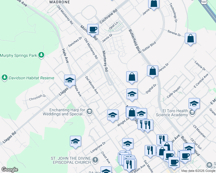 map of restaurants, bars, coffee shops, grocery stores, and more near 18143 Old Monterey Road in Morgan Hill