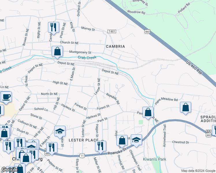 map of restaurants, bars, coffee shops, grocery stores, and more near 145 Salem Lane in Christiansburg