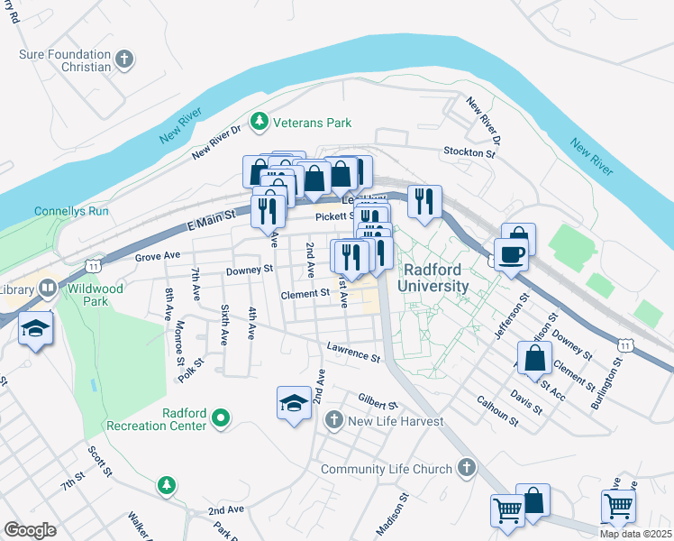 map of restaurants, bars, coffee shops, grocery stores, and more near 1023 Downey Street in Radford