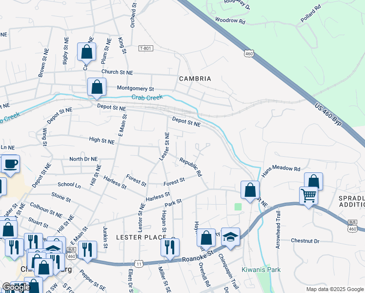 map of restaurants, bars, coffee shops, grocery stores, and more near 145 Salem Lane in Christiansburg