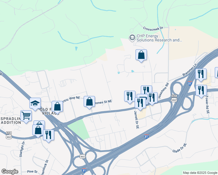 map of restaurants, bars, coffee shops, grocery stores, and more near 305 Teel Street Northeast in Christiansburg