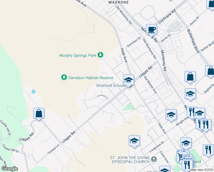 map of restaurants, bars, coffee shops, grocery stores, and more near 18353 Carriage Drive in Morgan Hill