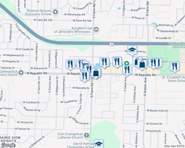map of restaurants, bars, coffee shops, grocery stores, and more near 4200 South Golden Avenue in Springfield