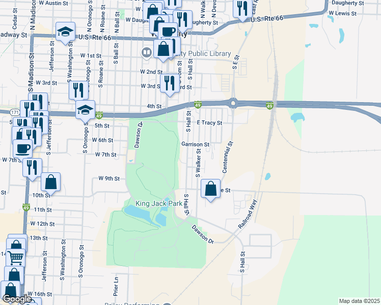 map of restaurants, bars, coffee shops, grocery stores, and more near 609 South Hall Street in Webb City