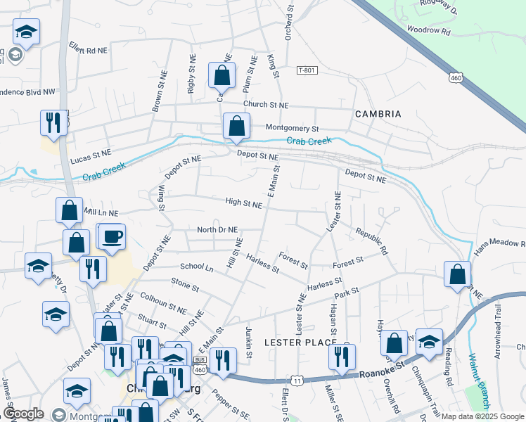 map of restaurants, bars, coffee shops, grocery stores, and more near 626 East Main Street in Christiansburg
