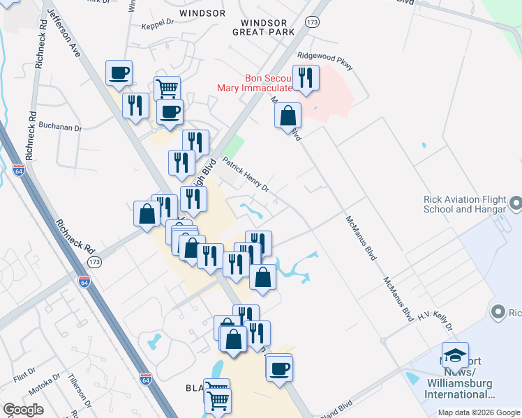 map of restaurants, bars, coffee shops, grocery stores, and more near 12823 Daybreak Circle in Newport News
