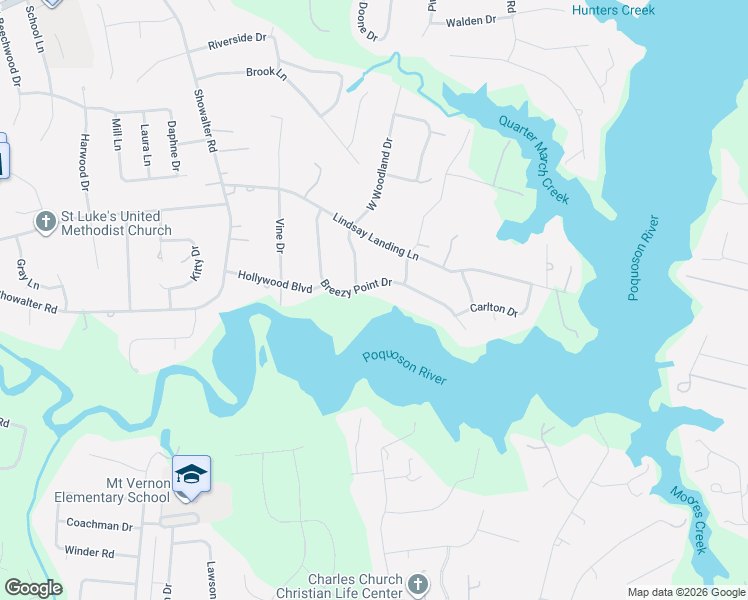map of restaurants, bars, coffee shops, grocery stores, and more near 132 Breezy Point Drive in Yorktown