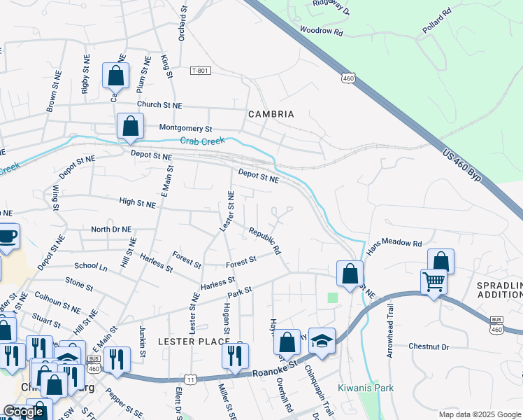 map of restaurants, bars, coffee shops, grocery stores, and more near 150 Salem Lane in Christiansburg