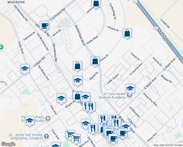 map of restaurants, bars, coffee shops, grocery stores, and more near 280 Digital Dr in Morgan Hill