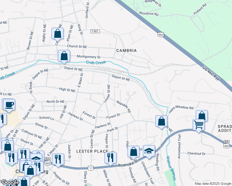 map of restaurants, bars, coffee shops, grocery stores, and more near 155 Salem Lane in Christiansburg