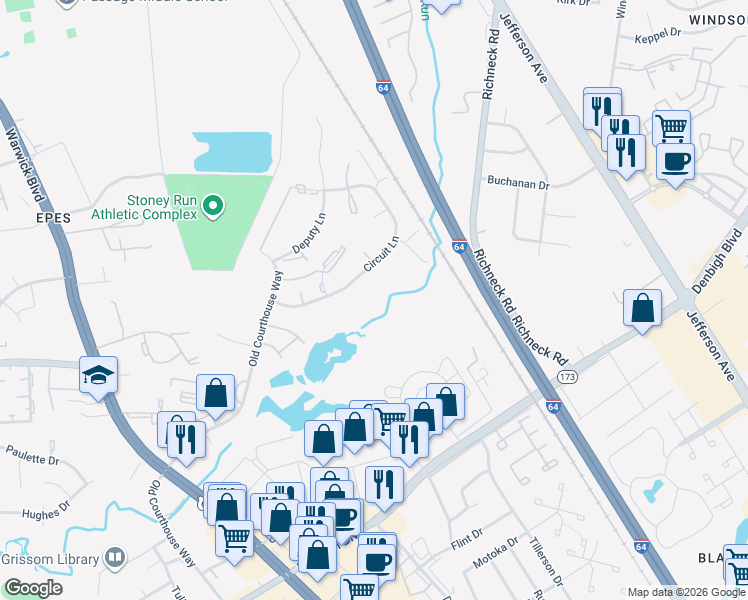 map of restaurants, bars, coffee shops, grocery stores, and more near 365 Circuit Lane in Newport News