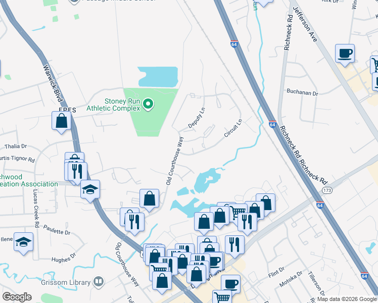 map of restaurants, bars, coffee shops, grocery stores, and more near 398 Circuit Lane in Newport News