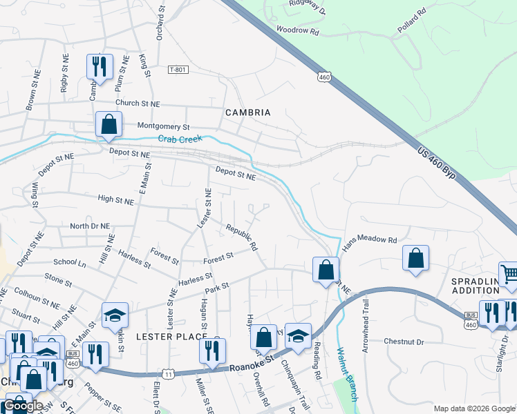 map of restaurants, bars, coffee shops, grocery stores, and more near Unnamed Road in Christiansburg