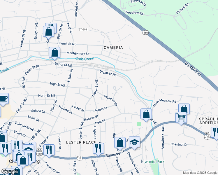 map of restaurants, bars, coffee shops, grocery stores, and more near 150 Salem Lane in Christiansburg