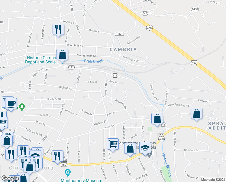 map of restaurants, bars, coffee shops, grocery stores, and more near 155 Salem Lane in Christiansburg