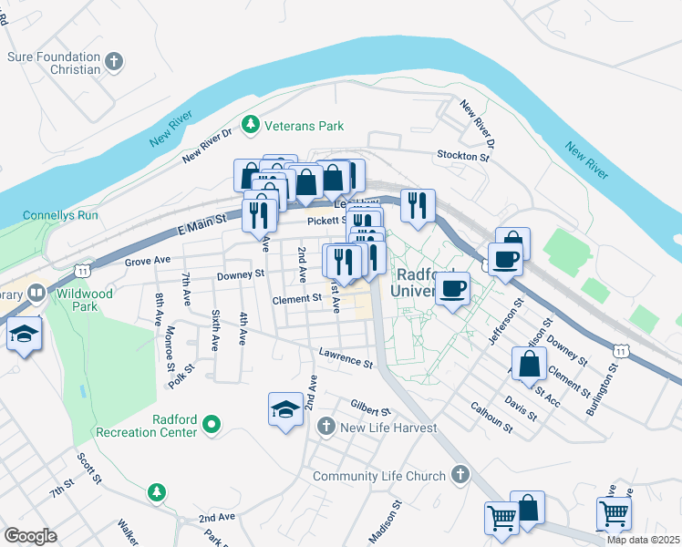 map of restaurants, bars, coffee shops, grocery stores, and more near 1027 Downey Street in Radford