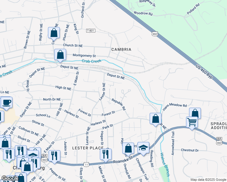 map of restaurants, bars, coffee shops, grocery stores, and more near 155 Salem Lane in Christiansburg