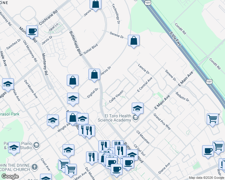 map of restaurants, bars, coffee shops, grocery stores, and more near 555 Calle Buena Vista in Morgan Hill