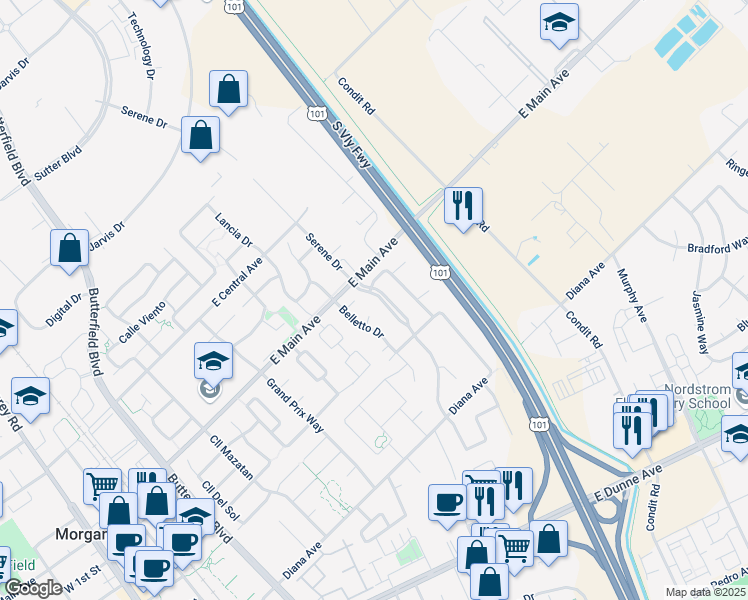 map of restaurants, bars, coffee shops, grocery stores, and more near 17545 Serene Drive in Morgan Hill