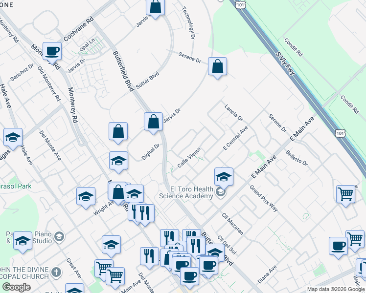 map of restaurants, bars, coffee shops, grocery stores, and more near 555 Calle Buena Vista in Morgan Hill