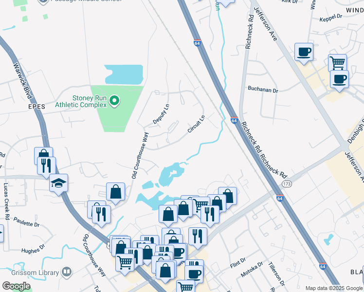 map of restaurants, bars, coffee shops, grocery stores, and more near 379 Circuit Lane in Newport News