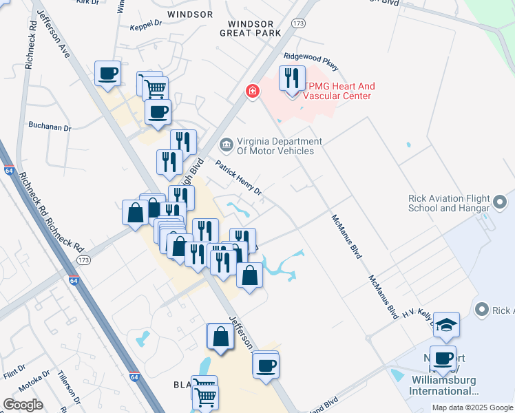 map of restaurants, bars, coffee shops, grocery stores, and more near 12796 Daybreak Circle in Newport News