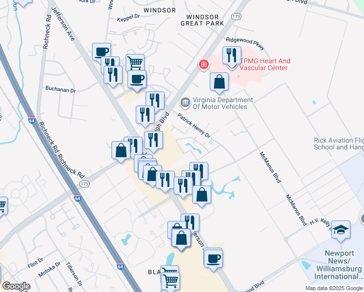 map of restaurants, bars, coffee shops, grocery stores, and more near 12657 Daybreak Cir in Newport News