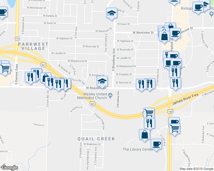 map of restaurants, bars, coffee shops, grocery stores, and more near 4146 South Parkcrest Avenue in Springfield