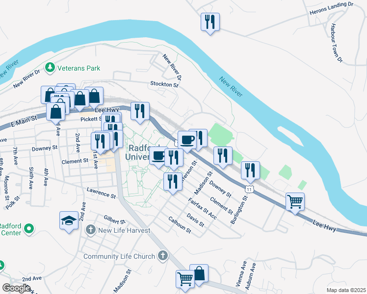 map of restaurants, bars, coffee shops, grocery stores, and more near 801 East Main Street in Radford