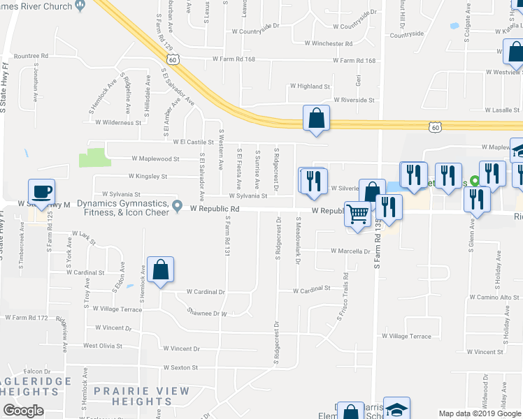 map of restaurants, bars, coffee shops, grocery stores, and more near 3416 West Republic Road in Springfield