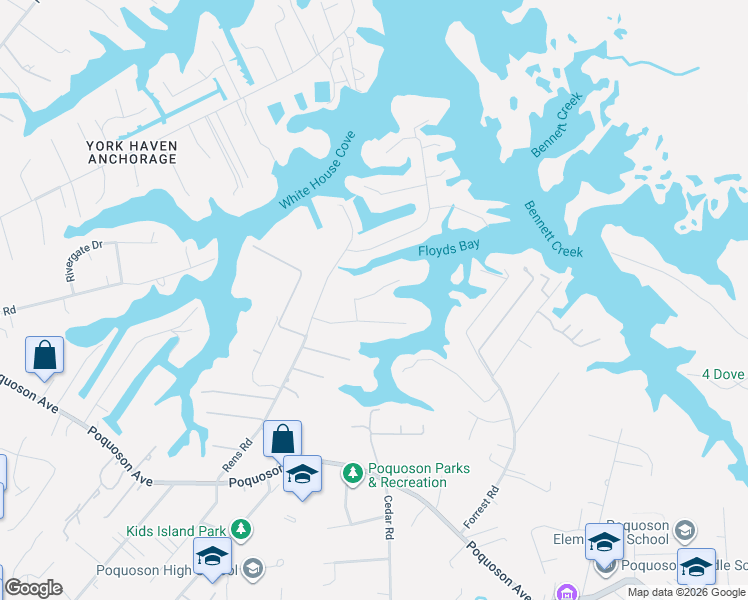 map of restaurants, bars, coffee shops, grocery stores, and more near 14 Lessie's Drive in Poquoson
