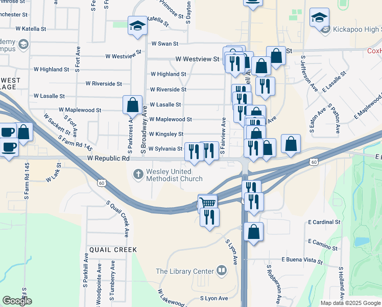 map of restaurants, bars, coffee shops, grocery stores, and more near 730 West Sylvania Street in Springfield