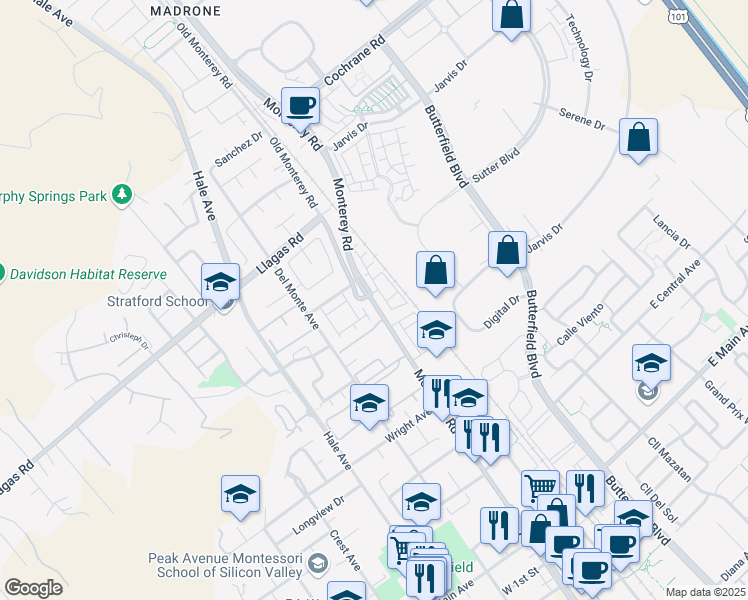 map of restaurants, bars, coffee shops, grocery stores, and more near 18098 Monterey Road in Morgan Hill