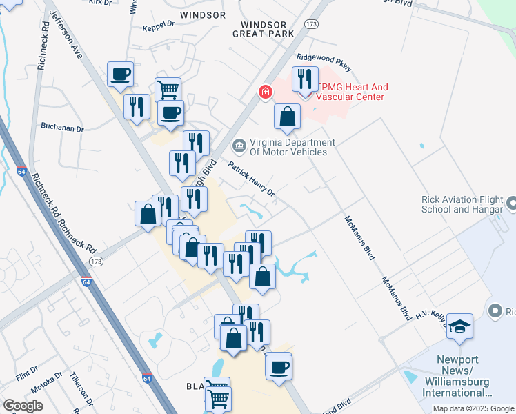 map of restaurants, bars, coffee shops, grocery stores, and more near 12817 Daybreak Circle in Newport News