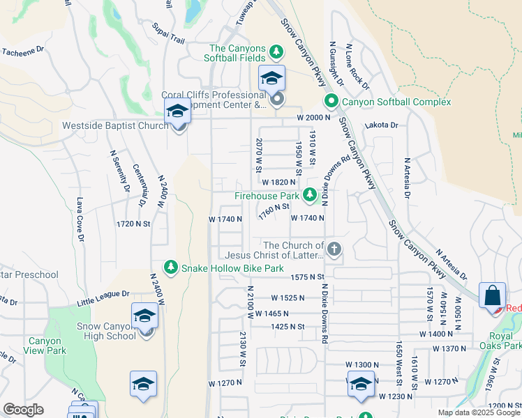 map of restaurants, bars, coffee shops, grocery stores, and more near 1756 North 2065 West in St. George