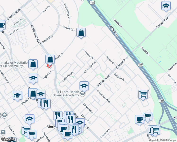 map of restaurants, bars, coffee shops, grocery stores, and more near 670 East Central Avenue in Morgan Hill