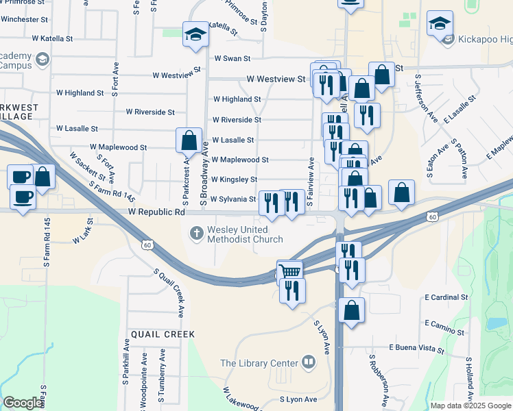 map of restaurants, bars, coffee shops, grocery stores, and more near 730 W Sylvania St in Springfield