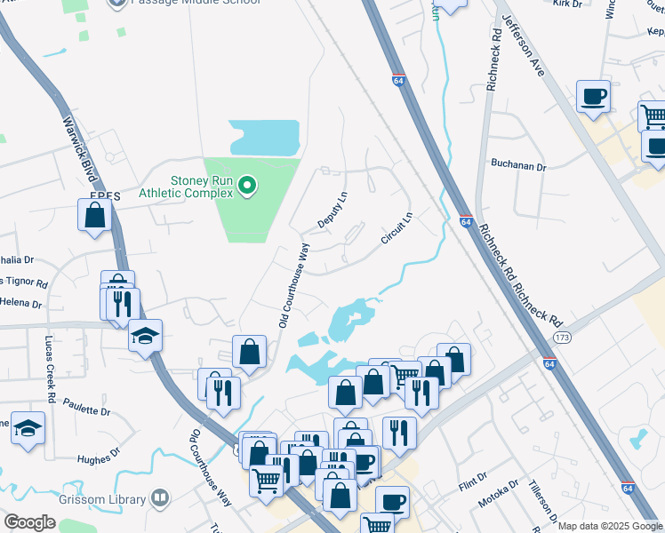 map of restaurants, bars, coffee shops, grocery stores, and more near 394 Circuit Lane in Newport News